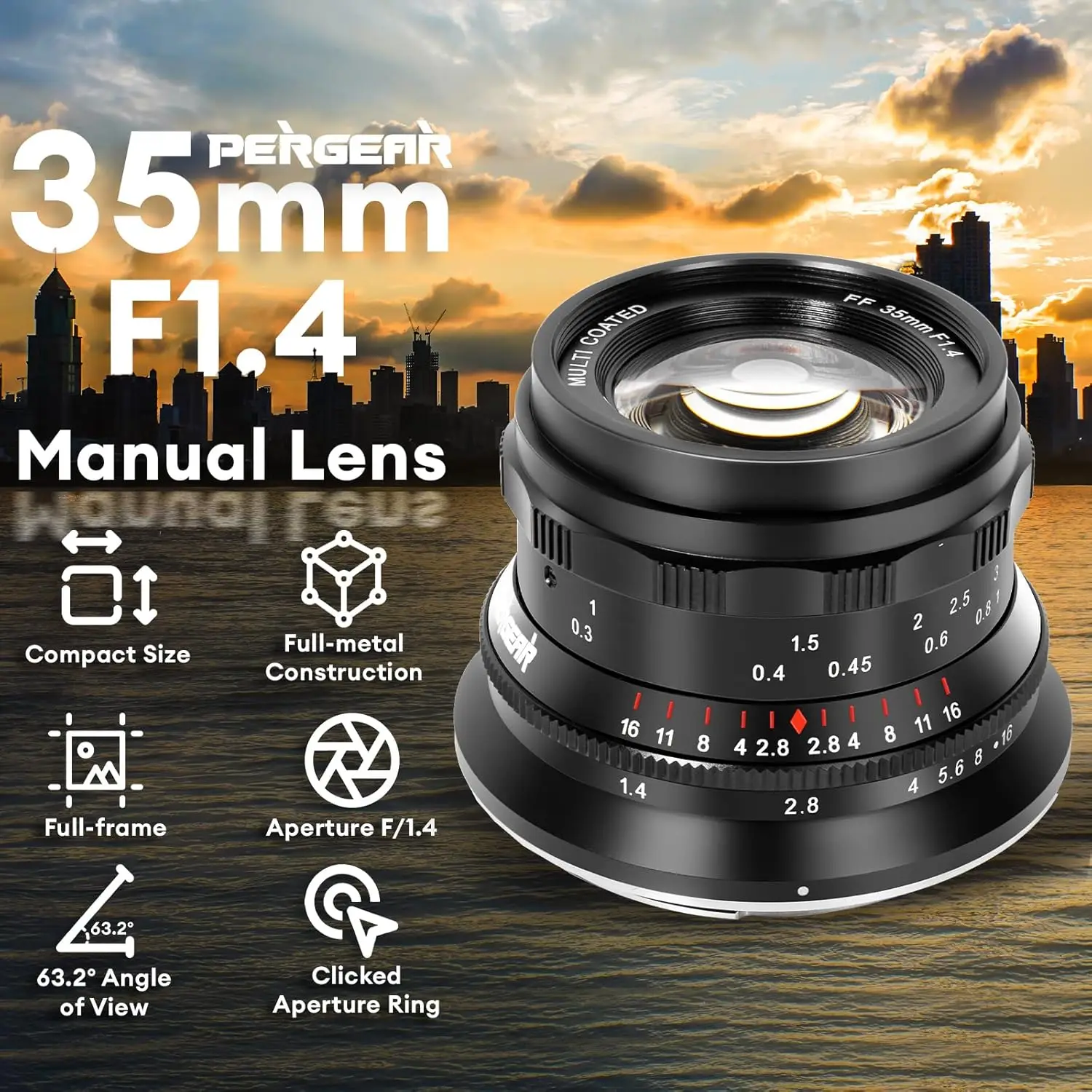 Полнокадровый объектив PERGEAR 35 мм F1.4 с ручной фокусировкой APS-C Prime Lens для камер Sony E