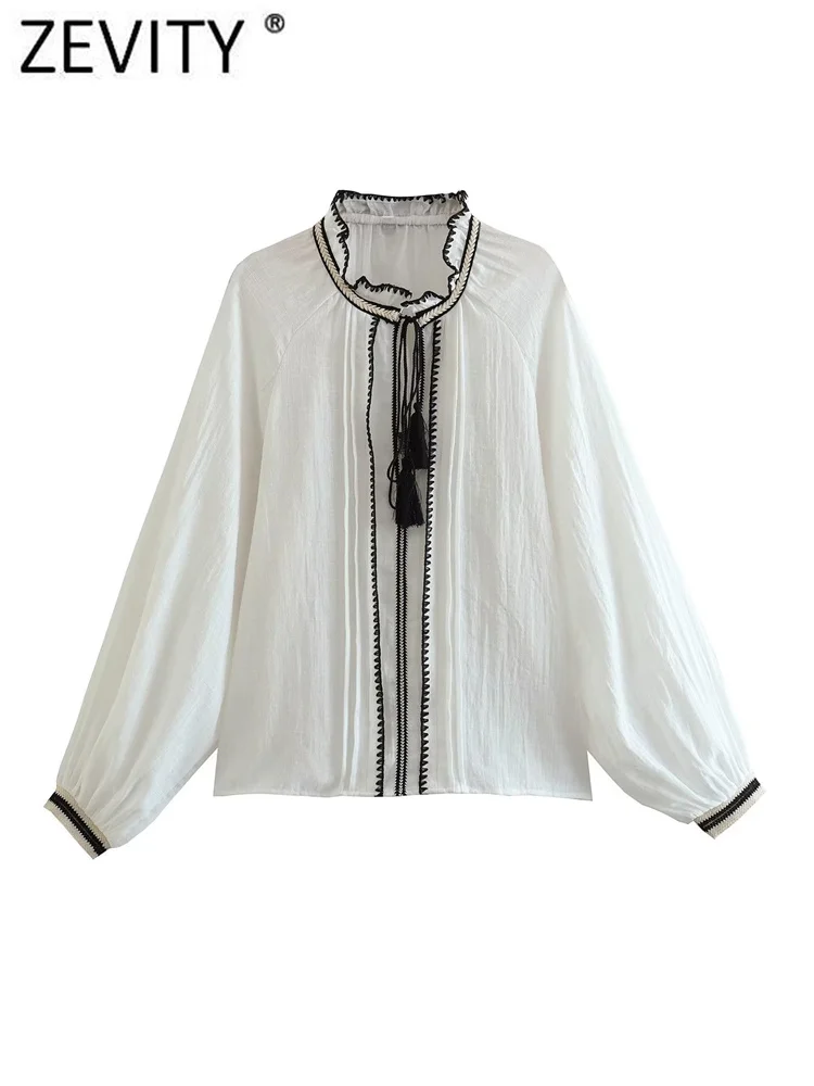 

Женская модная блузка Zevity с рюшами и круглым вырезом, со шнуровкой и вышивкой, Женская шикарная Повседневная рубашка с оборками, рубашка, блузы, топы LS3787