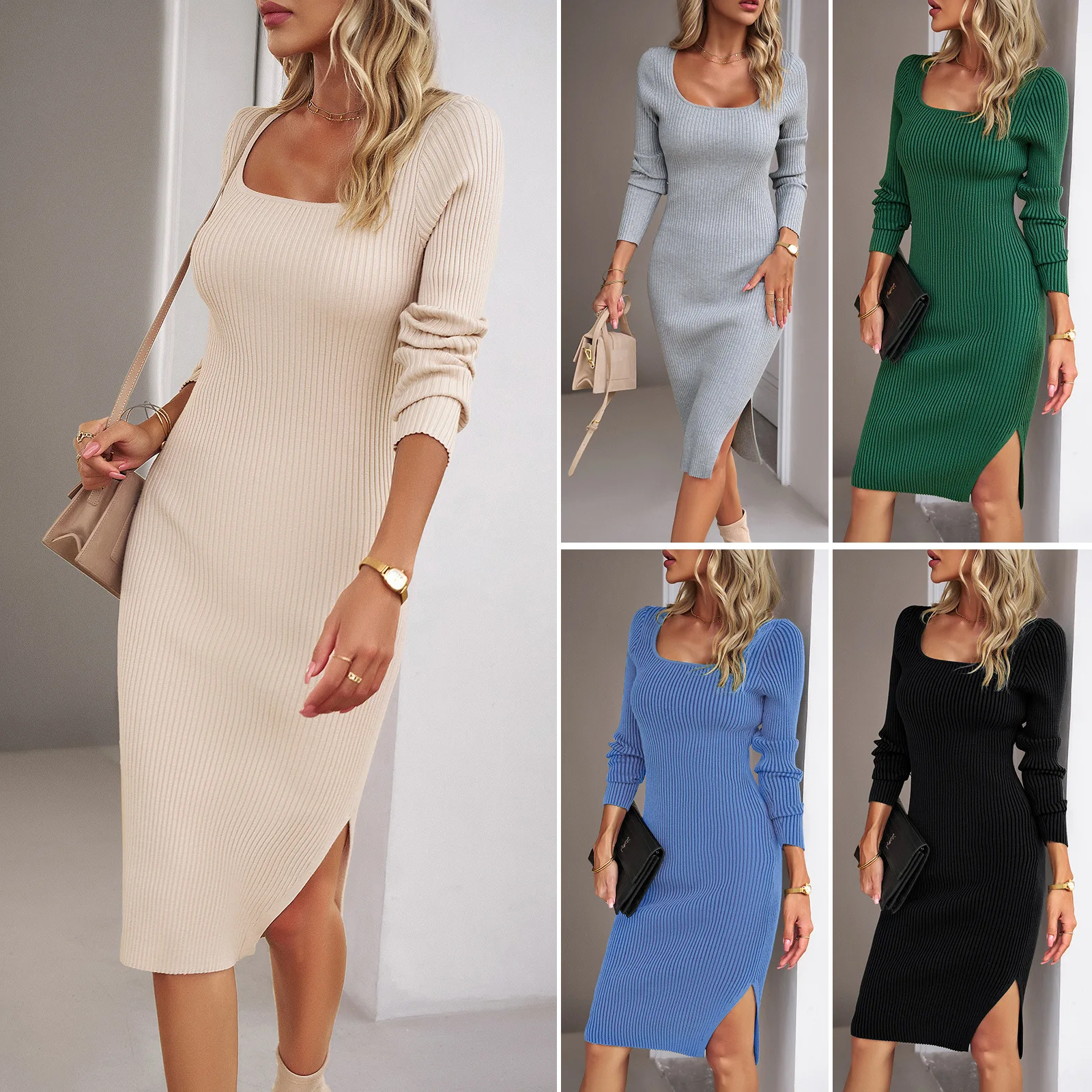 

2023 Autumn/Winter Square Neck Woolen Knit Dress with Elegant Foreign Trade Style and Wrapped Hip Long Dress