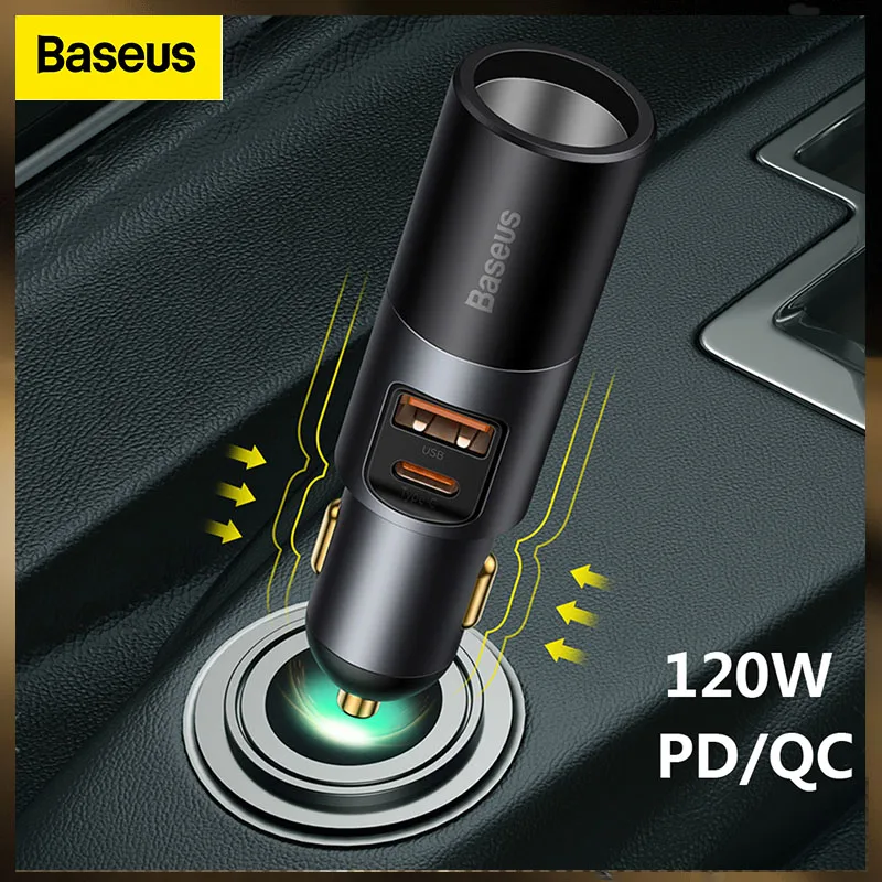 

Baseus Car Cigarette Lighter Expansion Splitter Socket 120W Type C USB Dual Ports Fast Charger Car Accessory Adapter For Phone