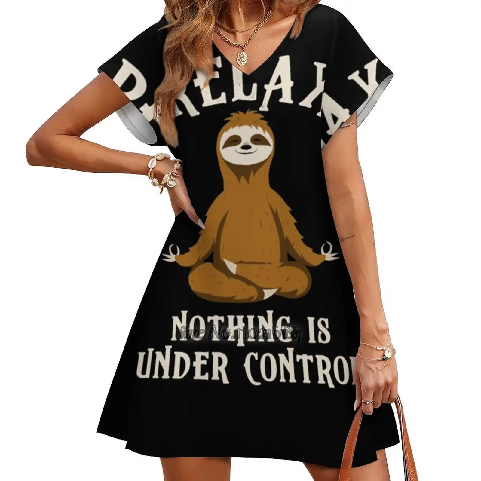 

Yoga Sloth Funny Gift Sexy V-Neck Dress Fashion Casual Printed High Quality Short Sleeve Skirt 5Xl Im Lazy Funny Yoga Sloth