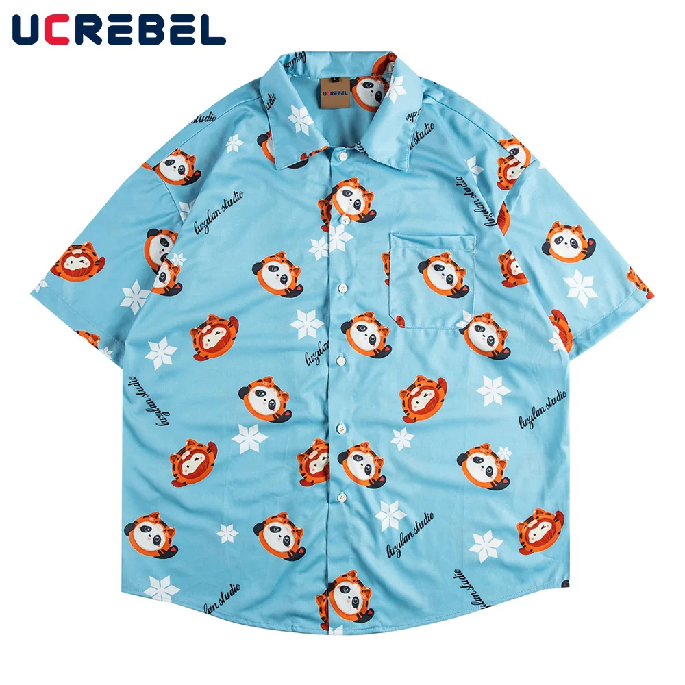 

Cartoon Pattern Full Print Short Sleeve Shirts Mens Streetwear Lapel Half-Sleeve Summer Lazy Wind Quick-drying Top Men