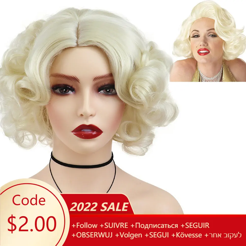 

GNIMEGIL Short Synthetic Wigs for Women Blonde Big Curly Hair Wig Female Carnival Party Costume Wig 60s Cosplay Wigs Layered