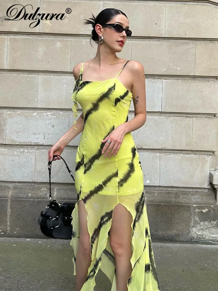 

Dulzura Lace Up Tie Dye Print Mesh Strap Midi Dress For Women Bodycon Sexy Midi Dress Party Birthday Outfits Y2K Clothes Fall