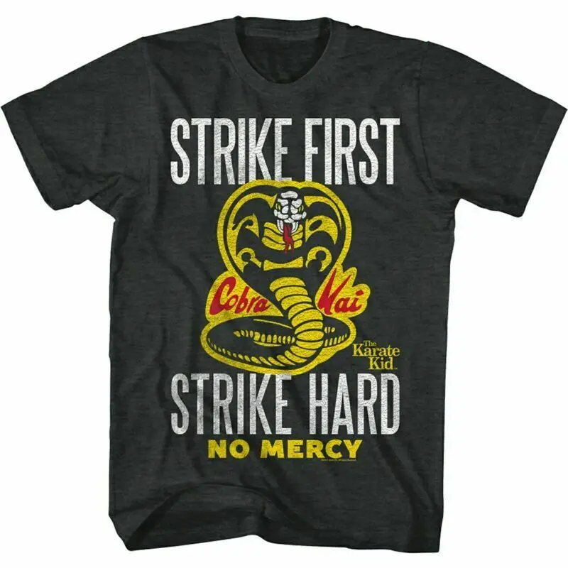 

Cobra Kai T-Shirt Strike First No Mercy Snake Classic Heather Black Cotton Te