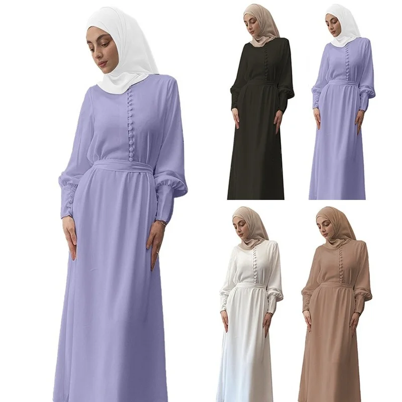 Ramadan Muslims Women Dress Abaya Dubai Abayas for Women Turkish European and American Clothing Long Dress Waist Double Layer