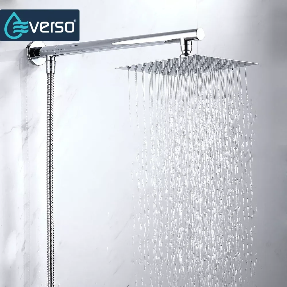 

Chrome Wall Mounted Ultrathin Square 8" Shower Head + Stainless Steel Shower Arm + Srainless Steel Shower Hose
