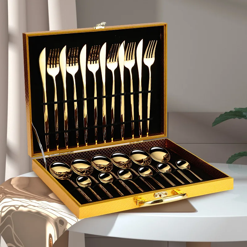 

24pcs Gold Dinnerware Set Stainless Steel Tableware Set Knife Fork Spoon Luxury Cutlery Set Gift Box Flatware Dishwasher Safe