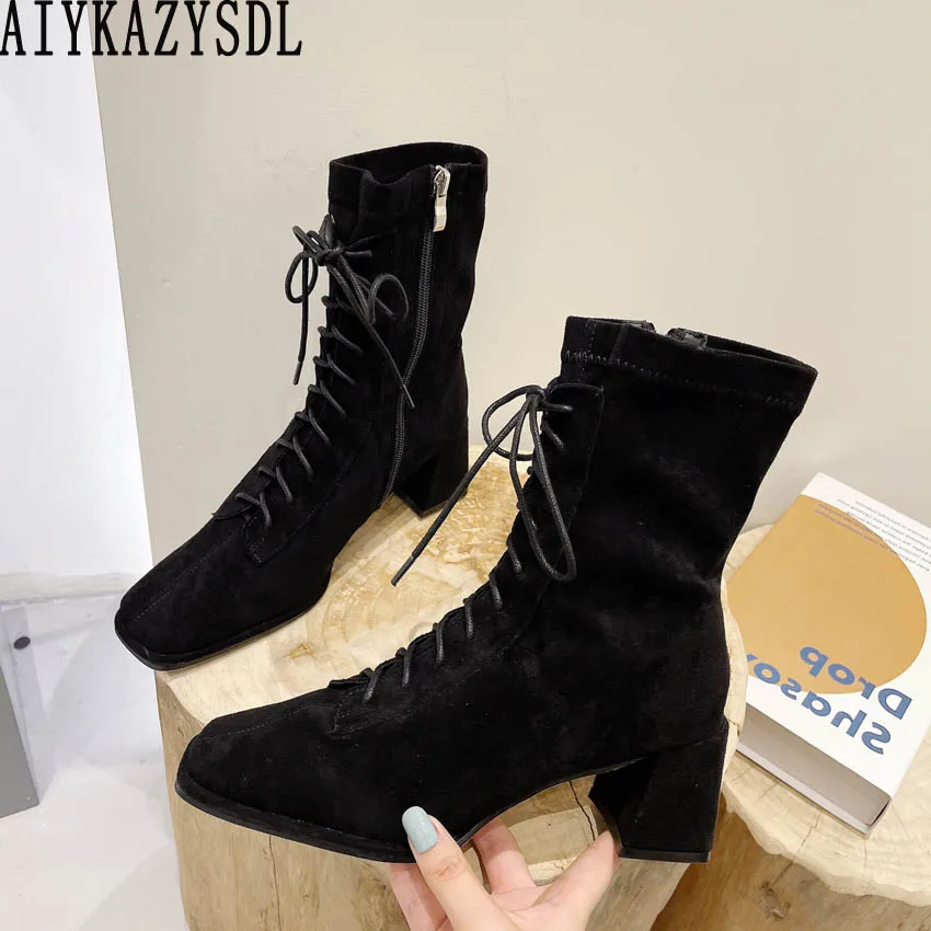 

AIYKAZYSDL Gladiator Rome Flock Faux Suede Ankle Boots Square Toe Lace Up Short Bootie Block Chunky Heel Casual Shoes Punk Boots