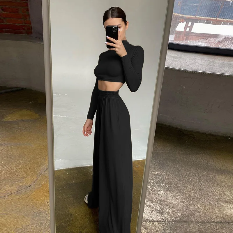 Женский трикотажный короткий топ с длинным рукавом и высокой талией