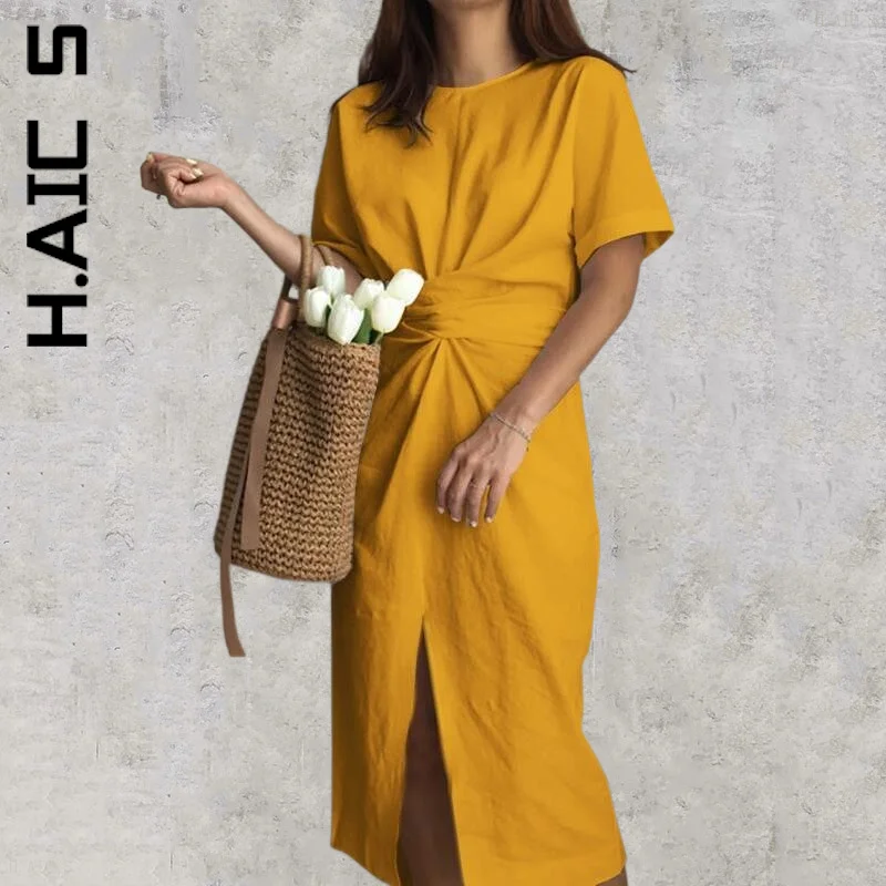 

H.Aic S Dress Women Fashion Short Sleeve Front Slit Bowknot Dresses Slim Streetwear Holiday Leisure Dress Woman Vestidos Female