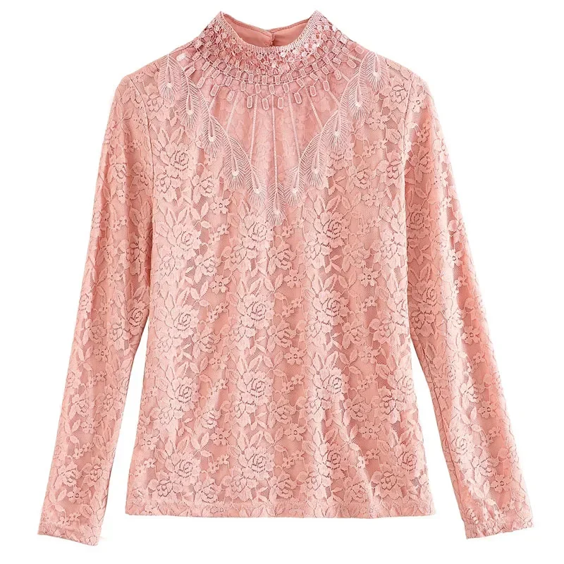 Новая кружевная женская блузка с воротником-стойкой и длинным рукавом бархатная