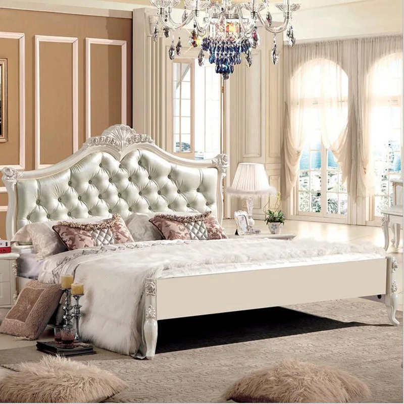 

king size leather modern european solid wood bed 2 people Fashion Carved 1.8 m bed french bedroom furniture pfy10035