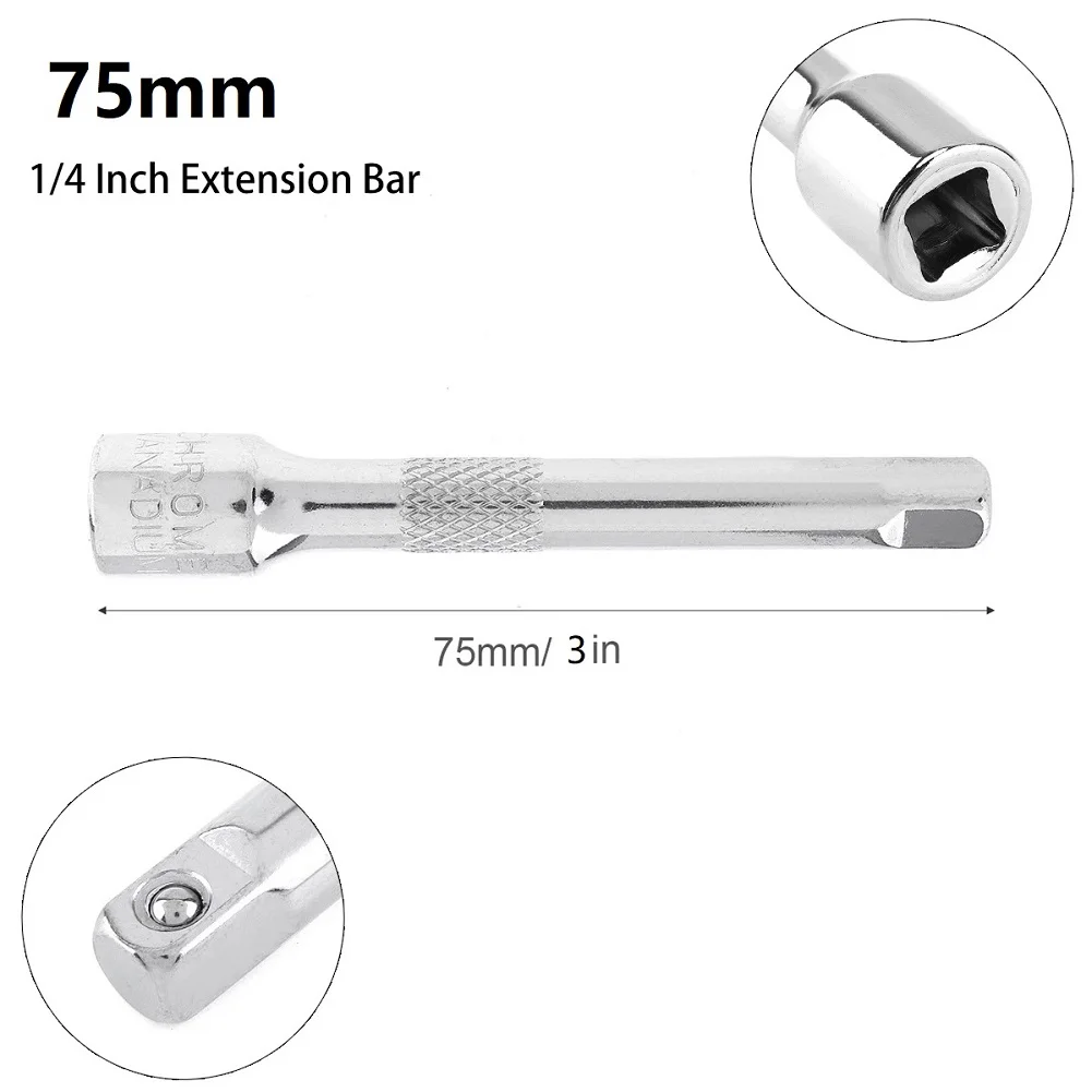 

1/4 Inch Chromed Steel Extension Bar Socket Wrench 50MM 75MM 100MM Drive Ratchet Socket Wrench Power Drill Adapter