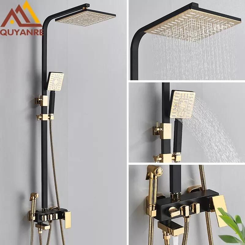 

Quyanre Black Gold Bathroom Shower Faucet Rain Shower 4-way Brass Mixer Tap Hot Cold Water Shower System Kit Bathtub Shower Tap