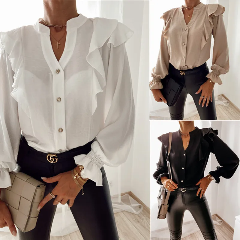 

2023 New Long sleeved V-neck Button Women's Shirt Shirt