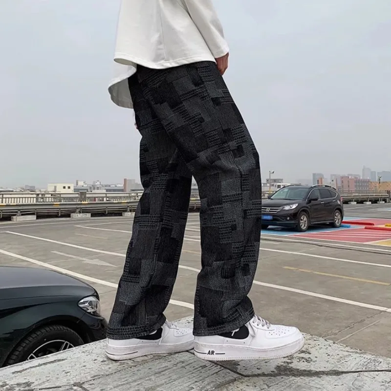 Blue/Black Plaid Jeans Men Fashion Retro Casual Straight Jeans Men Streetwear Loose Hip Hop Denim Pants Mens Trousers S-2XL