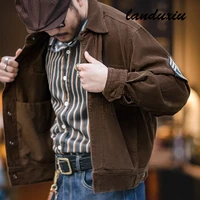 corduroy jacket american retro short jacket solid long sleeve single breasted multi pocket casua coat landuxiu