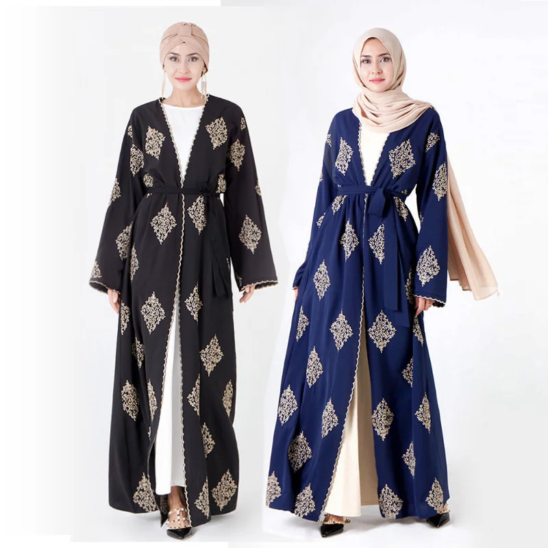 

Women's Clothing Muslim Fashion Abaya Dresses Nationality Cardigan Embroidery Long Sleeve Belt Fashion Spring