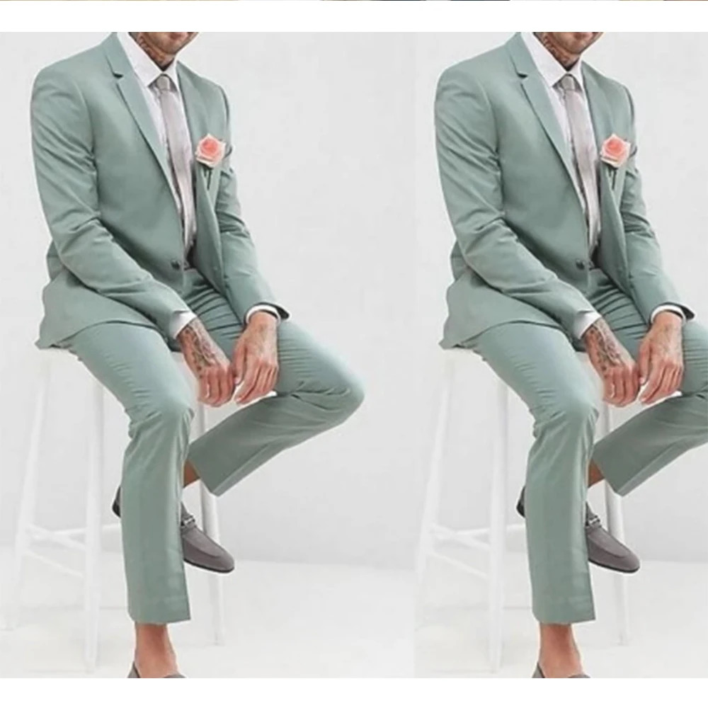 New Fashion Wedding Dress Slim Fit Costume Homme Green Notch Lapel Men Suits Tuxedo Terno Masculino Prom Groom 2 Pieces Blazer