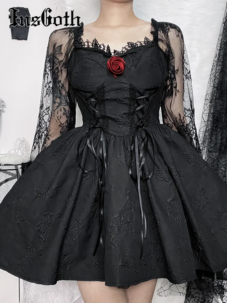 

InsGoth Grunge Party Dress High Waist Gothic Dark Sexy A Line Jacquard Lace Sleeve Lolita Cute Women Dress Vintage Harajuku Wear