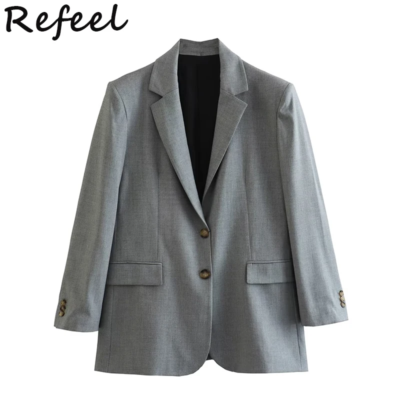 

Refeel Women Blazers Suit Solid Jacket Outwear Straight Single Breasted Buttons Office Lady Chic Long Sleeves Clothing