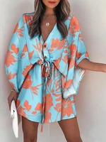 casual loose women dress fashion batwing sleeve boho print deep v neck mini party dress 2022 summer draw string slim beach dress