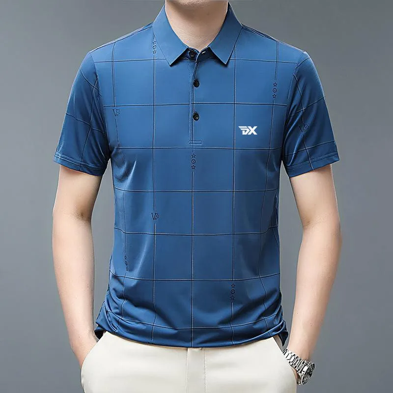 Golf men's summer ice polo shirt casual business short sleeved T-shirt plaid pattern sports men's clothing