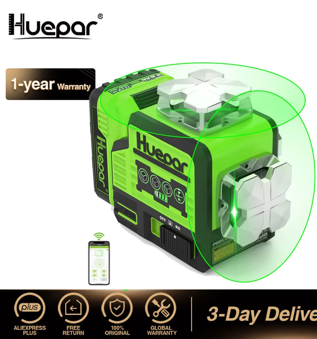 

Huepar Laser Level Green Beam Self Leveling 2x360° Outdoor Bluetooth Cross Line with Pulse Mode & Large Capacity Lithium Battery