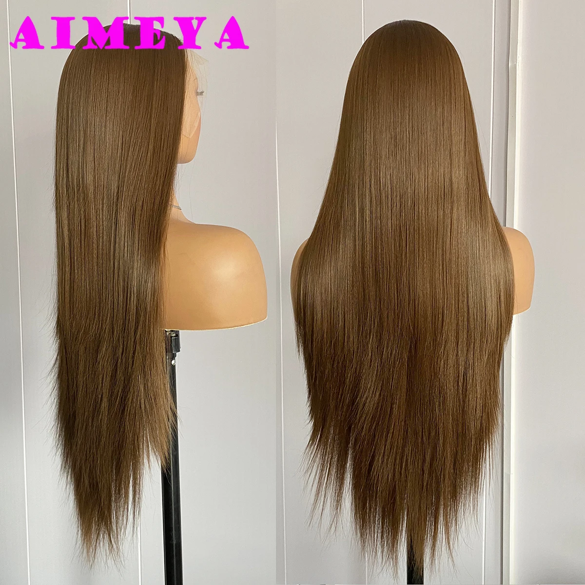 AIMEYA Длинный прямой коричневый парик 13x4 Парик фронта шнурка Шелковистые прямые