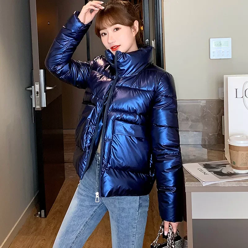 

New2022 Collar Women's Winter Puffer Jacket Long Sleeve Pockets Ladies Slim Parkas Solid Glossy Thick Padded Coat for Femal