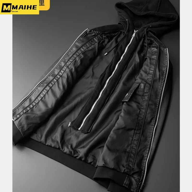 Куртка мужская короткая из ПУ кожи с капюшоном весна 2024