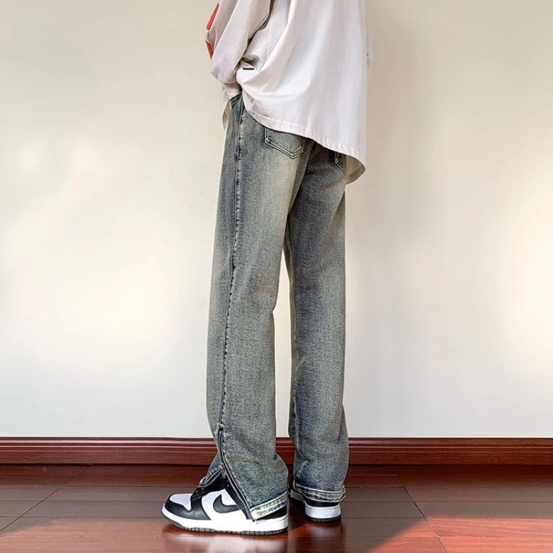Wide Leg Straight Leg Jeans American High Street Trend Ankle Zipper Design Fashionable And Versatile Men'S Pants