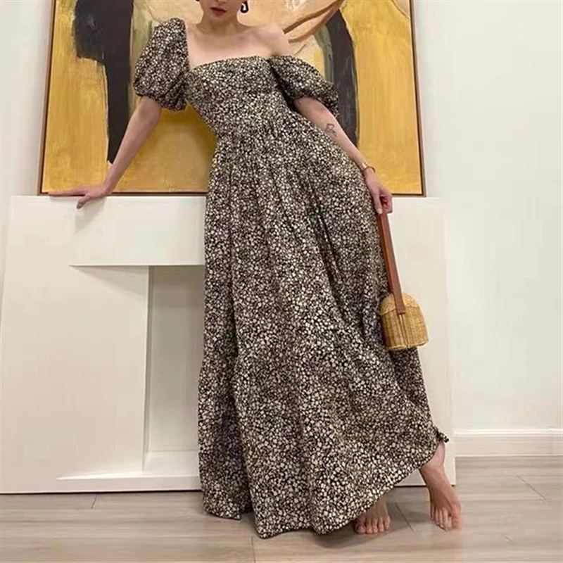 Short Sleeve Dresses for Women Print Clothing Elegant Party Beach 2022 Summer Maxi Dress Female Square Collar Vestido