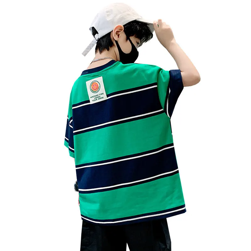 

2022 Children Clothing Boys T Shirt Cotton Short Sleeve Kids Wide Striped Tops Summer Boys T-Shirts for Ages 5 7 9 11 13 14Years