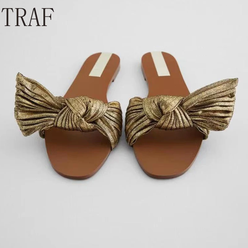 

TRAF Zar 2021 Gold Bow Flat Slippers Women Fashion Beach Chic Knotted Sandals Woman Outside Wear Slides Casual Flats Shoes