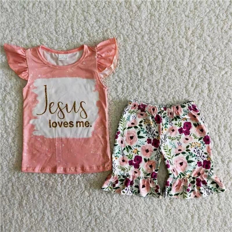 

boutique kids clothing set baby girl 2 pcs summer outfit flutter sleeve pink print top and floral ruffle shorts toddler outfit