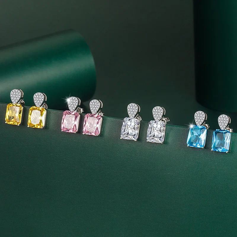 

European and American Fashion Color Treasure Geometric Square Earrings Temperament Copper Inlaid Zircon High-end Earrings