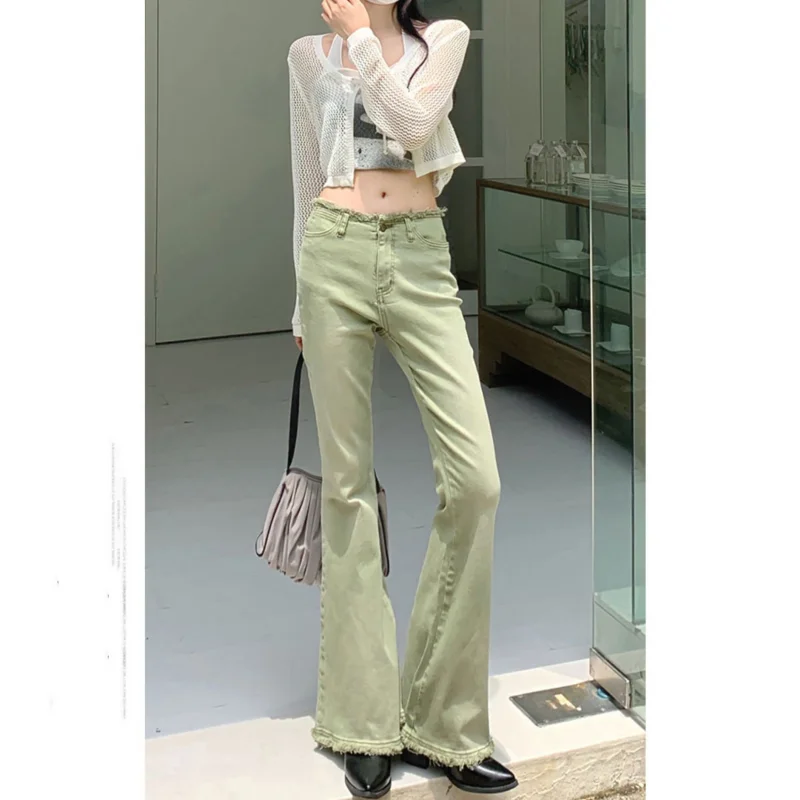 

Green High Waist Women Jeans Flare Pants Vintage American Fashion Street Leisure Wide Leg Jean NEW Female Trouser Baggy Pants