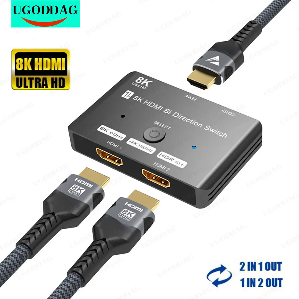 

HDMI 2.1 Bi-Directional Switch 8K 60Hz 4K 120Hz Switcher Adapter 2 in 1 Out Converter Splitte For PC TV PS4 Xbox PS5 Projectors