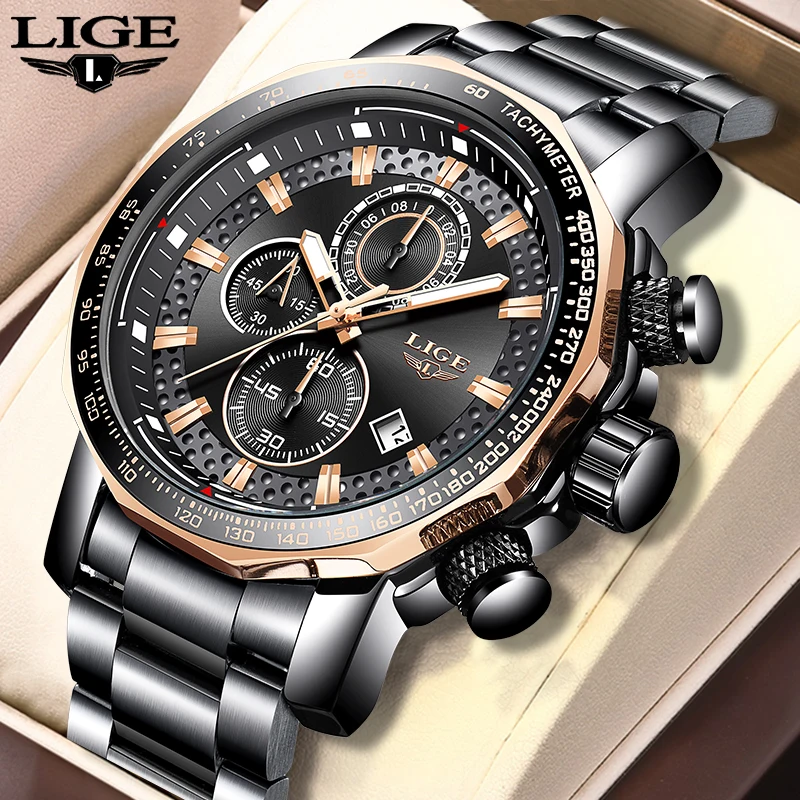 

Часы наручные LIGE Мужские кварцевые, модные роскошные деловые повседневные спортивные водонепроницаемые, с хронографом и датой