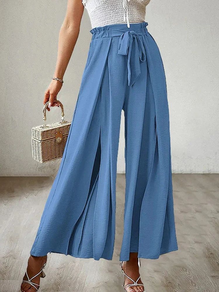 

Solid Color Elegant Office Lady Pants 2022 Spring High Waist Drawstring Women Trousers Summer Wide Leg Pleated Sweatpants Mujer