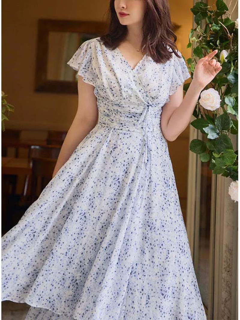 Summer 2023 New Short Sleeve Slim Waist Vestidos Japanese Sweet Floral Chiffon V-neck Dress Women Vintage Elegant Chic Robes