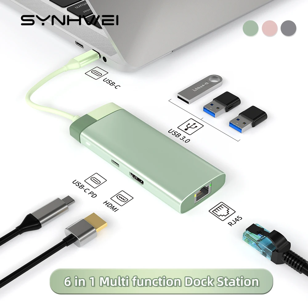 

6 в 1 USB 3,0 C адаптер концентратора с 1000M RJ45 Ethernet 4K HDMI-совместимая 100 Вт PD зарядная док-станция для MacBook Pro/Air ноутбука