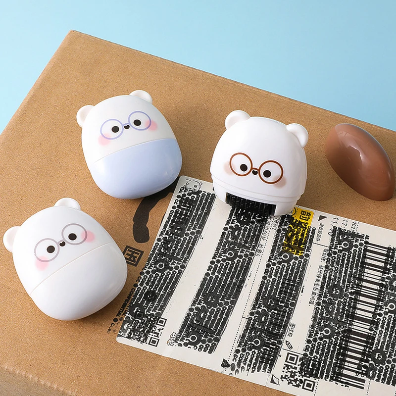 1Pcs Mini Bear Portable Courier Open Box Message Eliminator Express Parcel Privacy Smear Messy Code Stamp with Paper Cutter