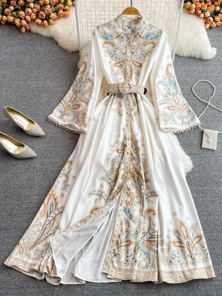 

Women Summer Autumn 2022 Fashion Lady Elegant Vintage Printed Midi Dresses Female Clothes