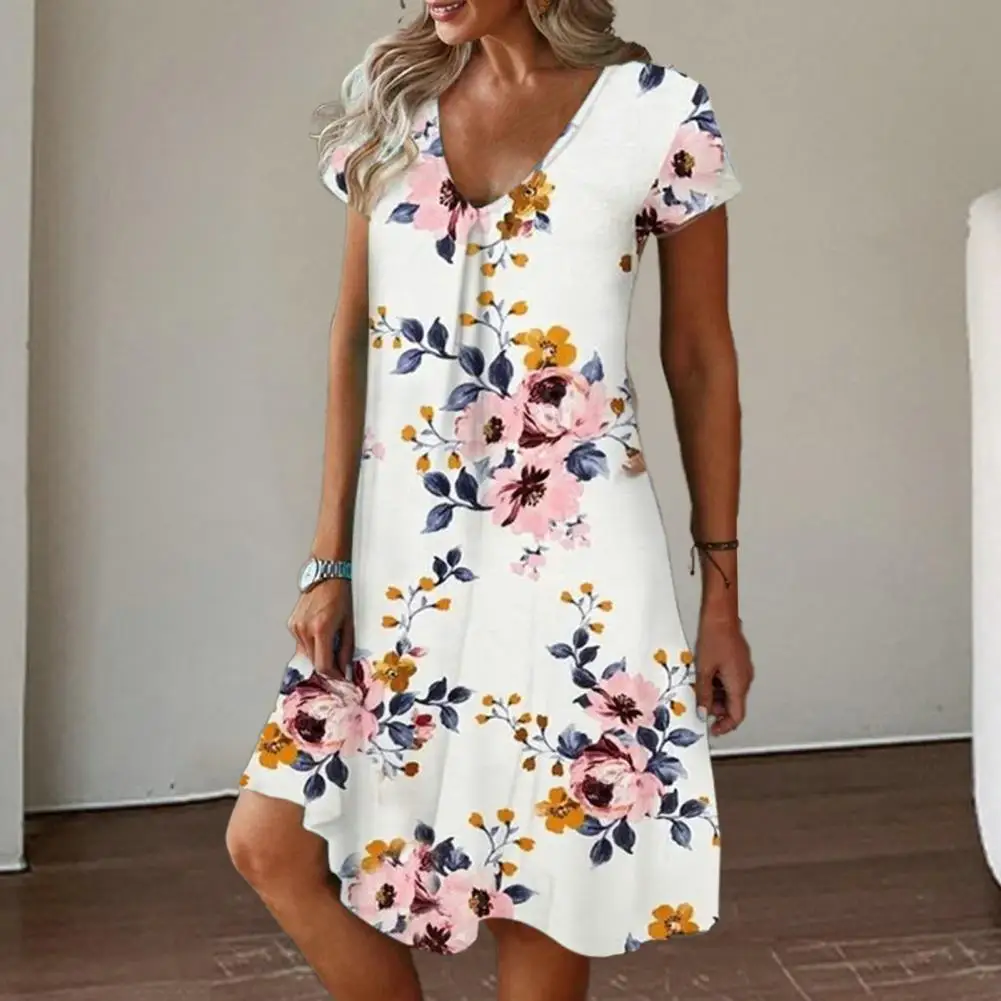 

V-neck Short Sleeve Women Dress Pleated A-Line Summer Dress Anti-pilling Summer Floral Print Casual Dress Female Clothing