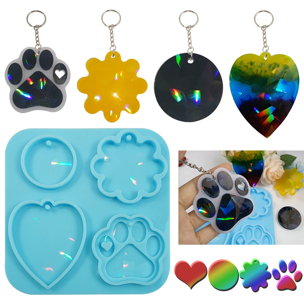 

Holographic Keychain Silicone Mold, Round Flower heart Paw Design Holographic Resin Mold. Holo Hang Resin Mold