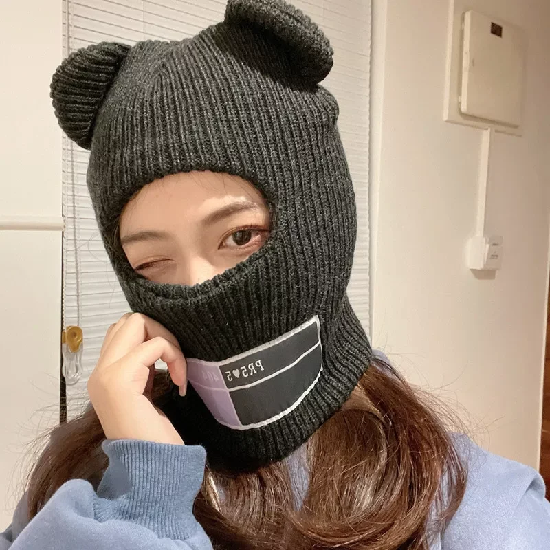 

Bear Ears Balaclava Unisex Hats Full Face Cover Ski Mask Hat Army Tactical Cs Windproof Knit Cap Warm Couples Beanies Caps