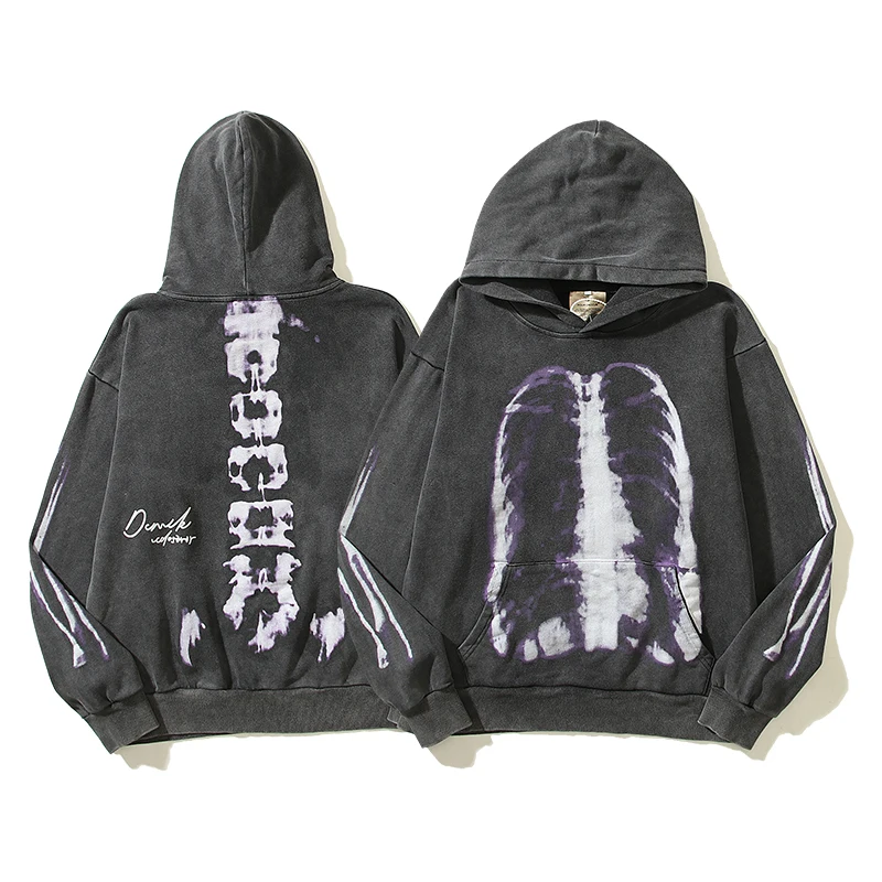 

Heavy Fabric Vintage Skulls Skeleton Bone Print Wash Hooded Hoodie Men Women Kanye West Sweatshirts High Street Gothic Pullover